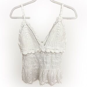 American Flirt Crochet Cami Tank Top Lace Eyelet Bodice V neck White Large